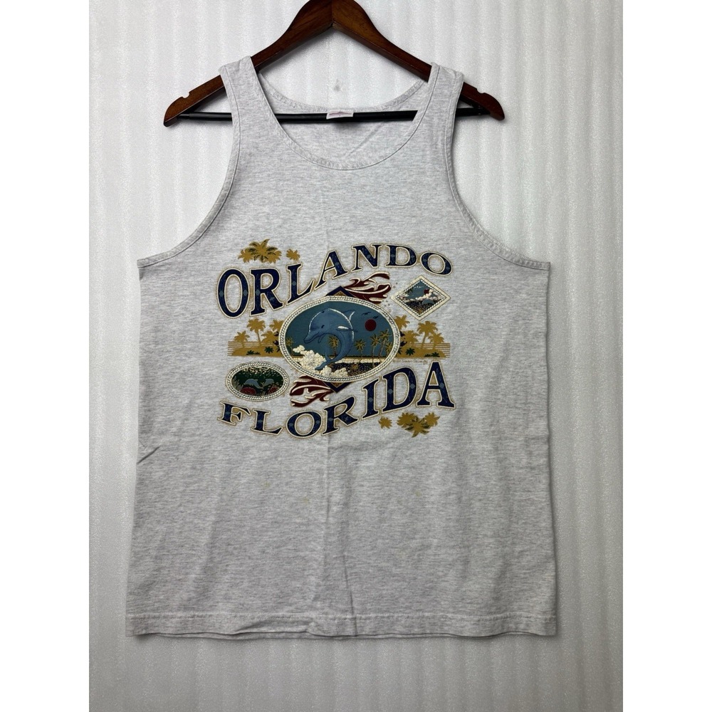 Vintage 90s Gray ORLANDO Florida 1997 Tank Top ISLAND DOLPHINS Nature Ocean Sz.L